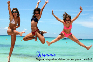 Mulheres felizes de biquini pulando na praia!